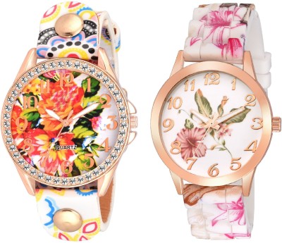 COSMIC set of 2 XYZ white color floral with new geneva platinum big size dial diamond studded ladies party wear Watch  - For Women   Watches  (COSMIC)