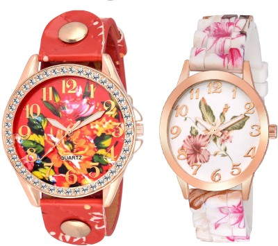 SOOMS SET OF 2 XYZ RED COLOR FLORAL WITH NEW GENEVA PLATINUM BIG SIZE DIAL DIAMOND STUDDED LADIES PARTY WEAR Watch  - For Women   Watches  (Sooms)