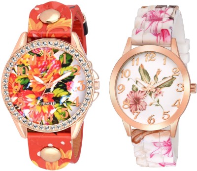 COSMIC set of 2 xyz multi color floral with new genva platinum big size dial diamond studded ladies party wear Watch  - For Women   Watches  (COSMIC)