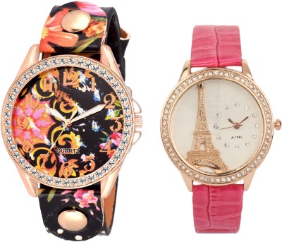 SOOMS SET OF 2 XYZ BLACK COLOR FLORAL WITH Effil tower new original paris Dial Multicolour Leather Pink Strap LADIES PARTY WEAR Watch  - For Women   Watches  (Sooms)