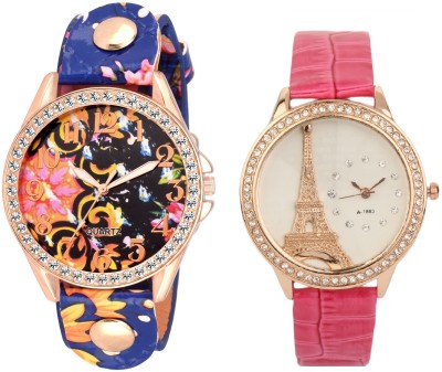 SOOMS SET OF 2 XYZ BLUE COLOR FLORAL WITH Effil tower new original paris Dial Multicolour Leather Pink Strap LADIES PARTY WEAR Watch  - For Women   Watches  (Sooms)