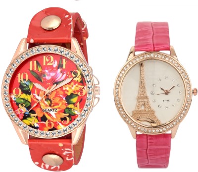 SOOMS SET OF 2 XYZ RED COLOR FLORAL WITH Effil tower new original paris Dial Multicolour Leather Pink Strap ladies party wear Watch  - For Women   Watches  (Sooms)
