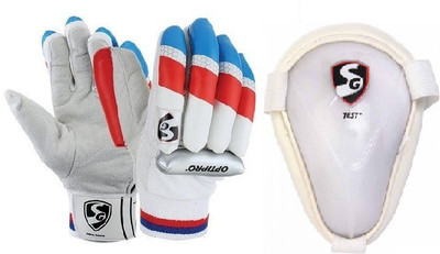 

SG Combo of two, one pair of 'OPtipro' batting gloves and one 'Test' Abdominal pad (Men's) (Color On Availability) Cricket Kit