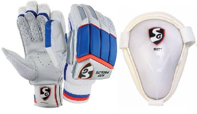

SG Combo of two, one pair of 'Rsd Prolite' batting gloves (Mens- Right handed) and one 'Test' Abdominal Guard (Men's) (Color On Availability) Cricket Kit
