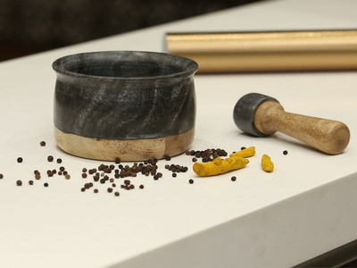 

Organic Home Black Marble Wood Mortar & Pestle Marble, Wood Masher(Black, Brown)