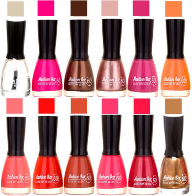 

Fashion Bar Transperent,Rani,Dark Brown,Shimmer Pearl,Purple,Peach,Neon Pink,Red,Brown,Royal Pink,Shimmer Mazanta,Copper Nail polish Transperent,Rani,Dark Brown,Shimmer Pearl,Purple,Peach,Neon Pink,Red,Brown,Royal Pink,Shimmer Mazanta,Copper(Pack of 12)