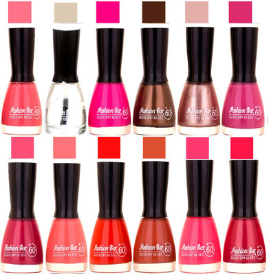 

Fashion Bar Pink,Transperent,Rani,Dark Brown,Shimmer Pearl,Purple,Pink,Neon Pink,Red,Brown,Royal Pink,Shimmer Mazanta Nail Polish Pink,Transperent,Rani,Dark Brown,Shimmer Pearl,Purple,Pink,Neon Pink,Red,Brown,Royal Pink,Shimmer Mazanta(Pack of 12)