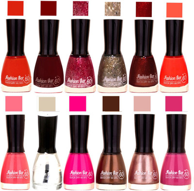

Fashion Bar Redish Orange,Maroon,Jari Mazanta,Silver,Maroon Jari,Pink,Transperent,Rani,Brown,Pearl Pink,Purple Nail polish Redish Orange,Maroon,Jari Mazanta,Silver,Maroon Jari,Pink,Transperent,Rani,Brown,Pearl Pink,Purple(Pack of 12)