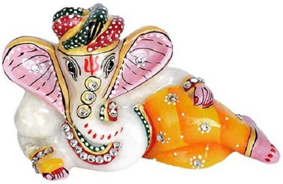 

RK CRAFT N' CREATIONS Marble Relaxing / Resting Ganesha / Ganpati / Ganesh idol with Rajasthani safa / pagdi / Crown studded with Kundan and Meenakari work Decorative Showpiece - 7.62 cm(Marble, Gold)