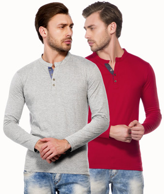 

Maniac Solid Men's Henley Grey, Red T-Shirt(Pack of 2