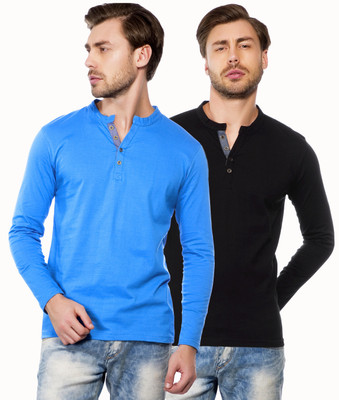 

Maniac Solid Men's Henley Blue, Black T-Shirt(Pack of 2, Black;blue