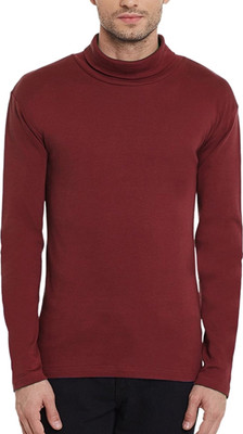 PAUSE Solid Men Turtle Neck Maroon T-Shirt