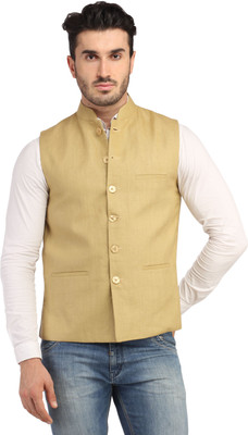 

Phedarus Sleeveless Self Design Men's Linen Jacket, Golden beige