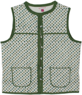 

My Little Lambs Sleeveless Printed Baby Girls Quilted Jacket, Olive green