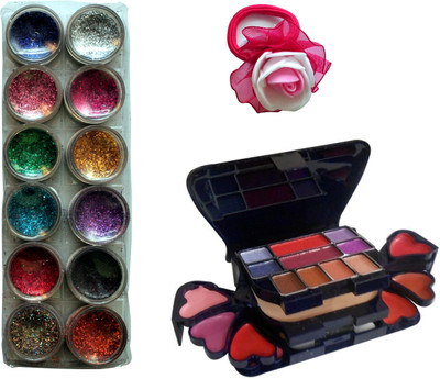 

Vozwa 12 in 1 Glitter Powder, Makeup Kit (8 Eyeshadow, 1 Powder Cake, 8 Lip Colour, 2 Blusher) and Band(Set of 3)