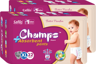 

Champs champs High Absorbent Premium Pant Style Diaper | Premium Pant Diapers (Extra Large, 32 Pieces) - pack of 2 - XL(64 Pieces)