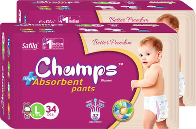 

Champs champs High Absorbent Premium Pant Style Diaper | Premium Pant Diapers (Large, 34 Pieces) - pack of 2 - L(68 Pieces)