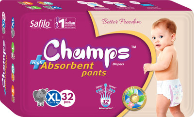 

Champs champs High Absorbent Premium Pant Style Diaper | Premium Pant Diapers (Extra Large, 32 Pieces) - XL(32 Pieces)