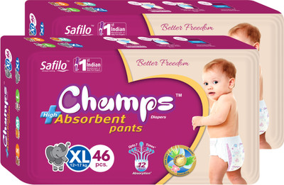 

Champs champs High Absorbent Premium Pant Style Diaper | Premium Pant Diapers (Extra Large, 46 Pieces) - pack of 2 - XL(92 Pieces)