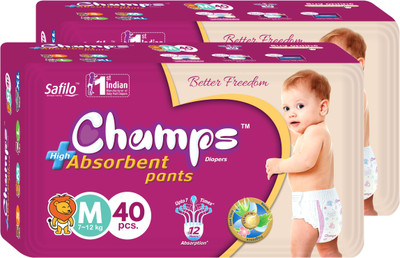 

Champs champs High Absorbent Premium Pant Style Diaper | Premium Pant Diapers (Medium, 40 Pieces) - pack of 2 - M(80 Pieces)