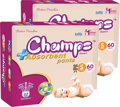 

Champs champs High Absorbent Premium Pant Style Diaper | Premium Pant Diapers (Small, 60 Pieces) - pack of 2 - S(120 Pieces)