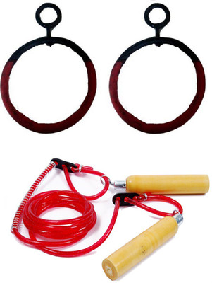 

FACTO POWER Online Series Hanging Roman Ring(12 mm)Pushup Bar, Wooden Handle Red Color Skipping Rope Gym & Fitness Kit