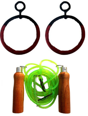 

FACTO POWER Online Series Hanging Roman Ring(12 mm)Pushup Bar, Wooden Handle Green Color Skipping Rope Gym & Fitness Kit