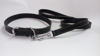 Skora Leather Dog Collar & Leash Set (Black with Hot Yellow stitch, Medium (Fits Neck Size 18 inches - 22 Inches)) 5.5 cm Dog Strap Leash(Black, Yellow)