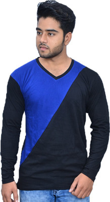 Himgiri International Color Block Men V-Neck Blue, Black T-Shirt