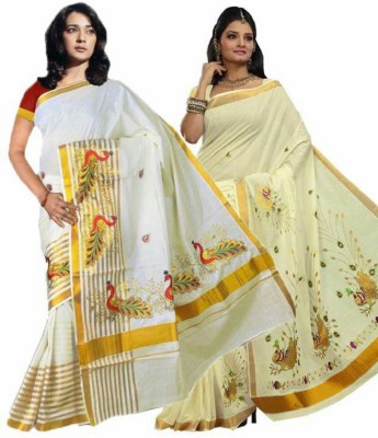 RSV FABRICS Printed Kasavu Cotton Blend Saree(Pack of 2, White, Cream)