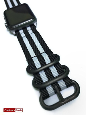 

Comfituck Premium Nato/Zulu RacingGenes 3-ring for 42mm Apple watch (Sport edition Black-White-Black with Black buckle and black adapters) Band Strap - Apple Watch or iWatch 42mm Series 1 2 3 Smart Watch Strap(Black, White, Black), Black white black strip