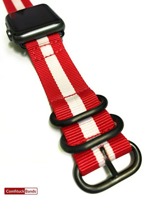 

Comfituck Premium Nato/Zulu 3-ring RacingGenes for 42mm Apple watch (Sport edition Red-White-Red with black buckle and black adapters) Band Strap - Apple Watch or iWatch 42mm Series 1 2 3 Smart Watch Strap(Red, White, Red), Red white red stripes racing ed