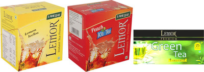 

Lemor 1 Pack of Lemon & 1 Peach flavour Instant Ice Tea (10 sachet) and 1 Pack of 25 Cardamom Tea Bags Box(45 Bags)