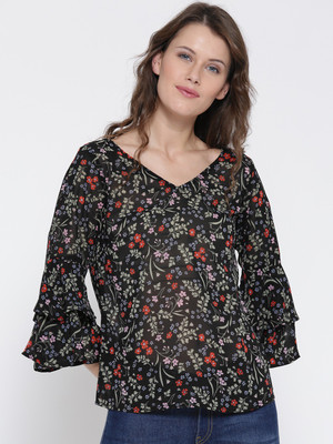 Sera Casual Layered Sleeve Floral Print Women Black Top