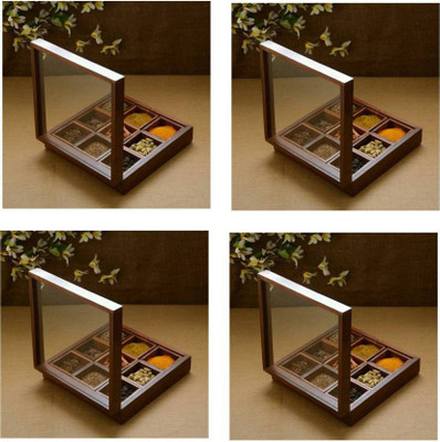 

CraftOnline carving masala box,tea,coffee box,chapati box,dry fruit box,sugar pot and pickle box. 4 Piece Condiment Set(Wood)