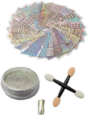 

Born Pretty Combo 1 Box Shinning Silver Mirror Nail Glitter powder and 24pcs/Set Vinyls Nail Art Sticker Decorations Stencil Nail Art(Silver)