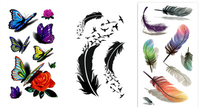 

Savii Combo Of 3 Temporary Tattoos(Combo Of 3 - Color Butterflies And Feathers Design)