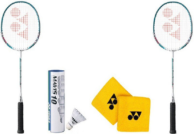 

Yonex Combo Of Five - Two 'Muscle Power 2' Badminton racket, One 'Mavis 10' shuttle Cock,(1/2 dozen) and one pair of Wrist Band Multicolor Strung Badminton Racquet(G4 - 3.25 Inches, 95 g)