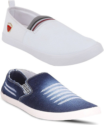 

Chevit Men's Combo Pack of 2 Denim Premium Loafers, Slip On Sneakers For Men(Blue, Multicolor, White & blue