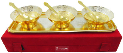 

GoldGiftIdeas 4 Inch Gold-Silver Plated Three Patti Design Bowl Spoon Tray Serving Set