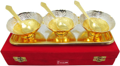 

GoldGiftIdeas 3.5 Inch Gold-Silver Plated Three Patti Bowl Spoon Tray Serving Set