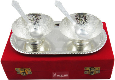 

GoldGiftIdeas 4 Inch Silver Plated Two Antique Flower Design Bowl Spoon Tray Serving Set(Pack of 5)