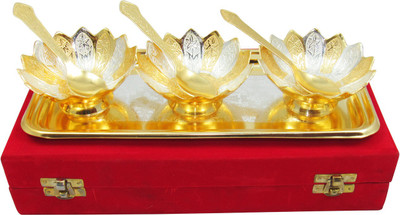 

GoldGiftIdeas 3.5 Inch Gold-Silver Plated Three Lotus Design Bowl Spoon Tray Serving Set