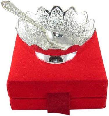 GoldGiftIdeas Silver Plated Lotus Design Bowl, Spoon Serving Set(Pack of 2)