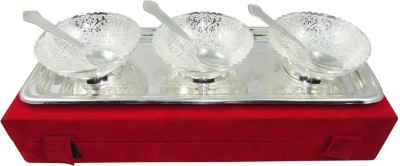 GoldGiftIdeas 4 Inch Silver Plated Three Peacock Tray, Bowl, Spoon Serving Set(Pack of 7)