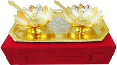 

GoldGiftIdeas Gold-Silver Plated Two Lotus Bowl Spoon Tray Serving Set