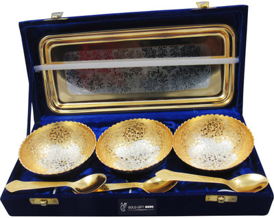 

GoldGiftIdeas 3.5 Inch Gold-Silver Plated Three Flower Design Bowl Spoon Tray Serving Set