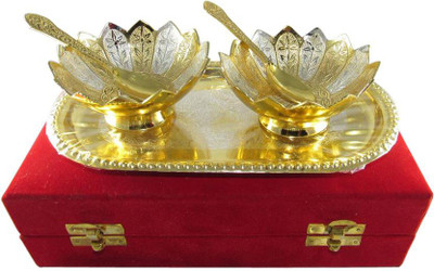 

GoldGiftIdeas 3.5 Inch Gold-Silver Plated Two Lotus Design Bowl Spoon Tray Serving Set