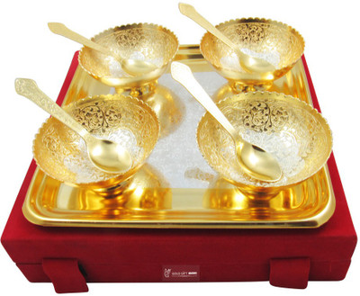 

GoldGiftIdeas Gold-Silver Plated Four Flower Bowl Spoon Tray Serving Set