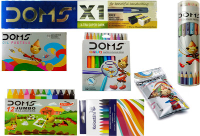 

DOMS X 1 PENCIL + 18 SHADE TEMPERA COLOUR + 12 SKETCH PEN ( FULL SIZE ) + 12 COLOUR PENCIL ( TIN BOX ) + 12 JUMBO WAX CRAYONS + 12 SHADE OIL PASTEL + KOLOSTAHL 12 ERASABLE PLASTIC CRAYONS ART SET